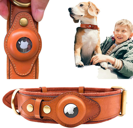 Genuine Leather Airtag Heavy Duty Dog Collar - yokefinds.ie